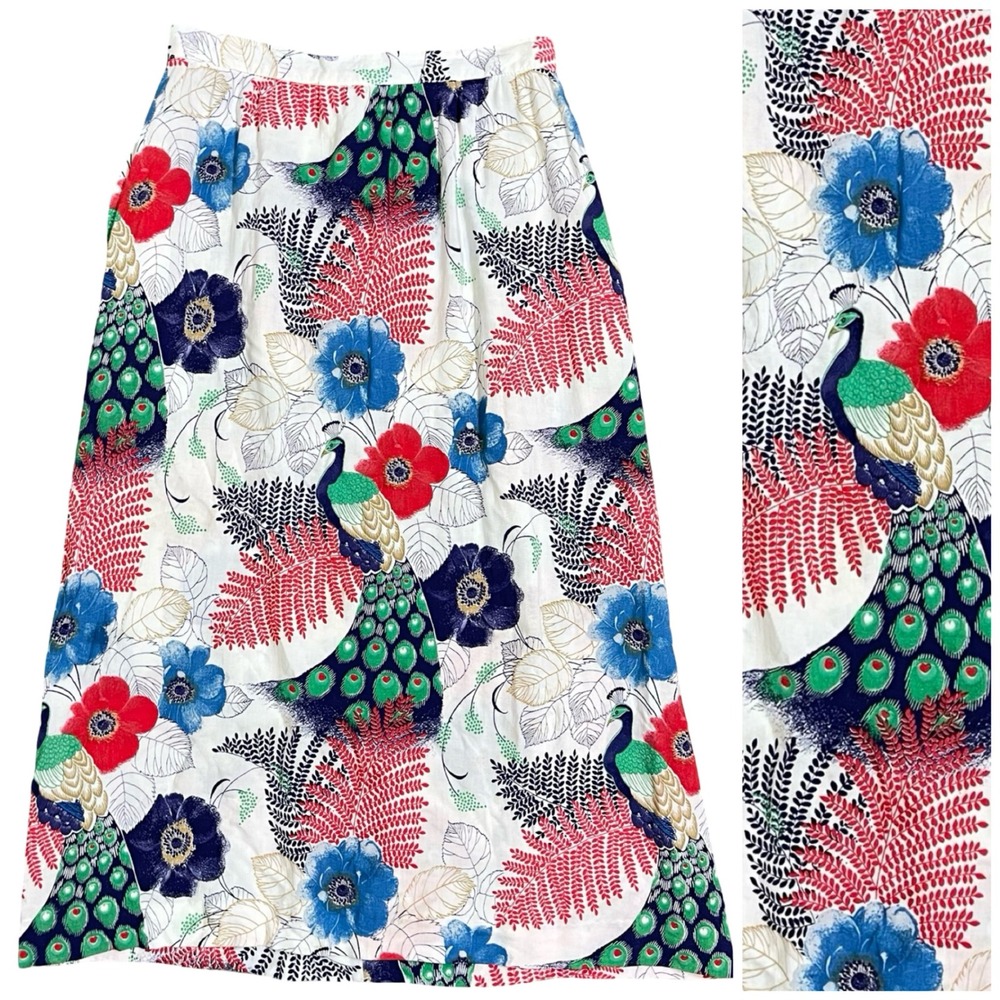 Vintage‎ Casual Corner Peacock Floral Midi Skirt Womens 9 Boho Botanical 90s